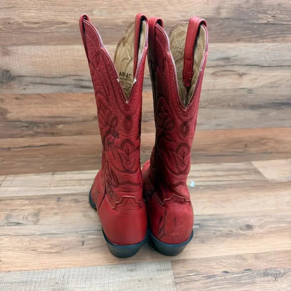 Ariat Womens Size 9 B Red Leather Cowboy Boots Signed Autographed